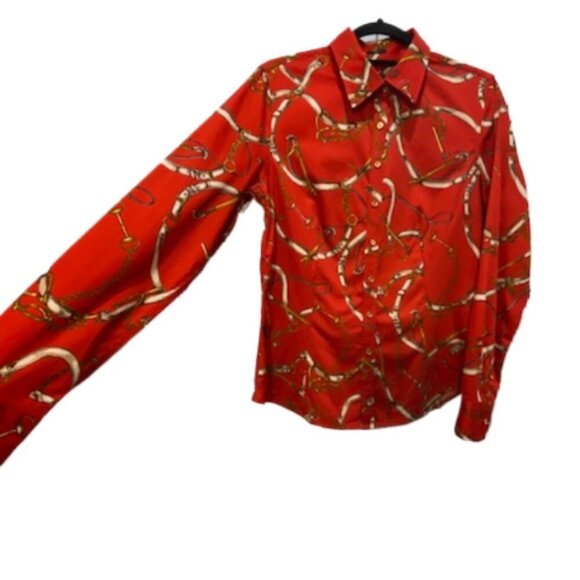TALBOTS Stretch Womens Red Equestrian Horse Button Down Blouse Top Sz 10 Preppy - Picture 3 of 6